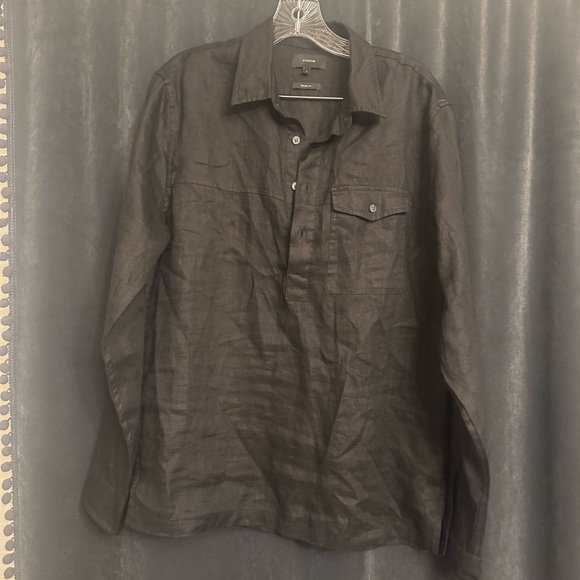 Vince Men's Black 100% Linen Popover Casual 1/4 button down - Picture 3 of 10